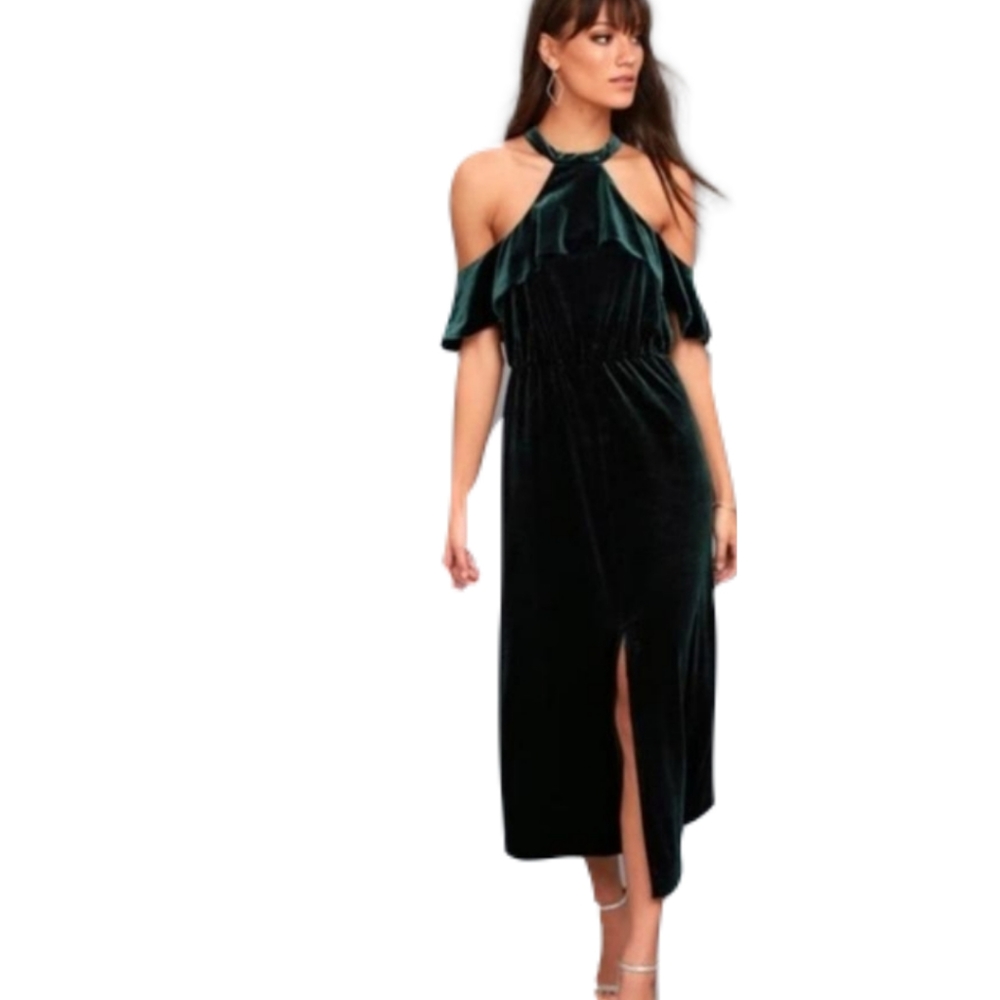 Ali & Jay Queen of the Disco Green Velvet Halter Dress